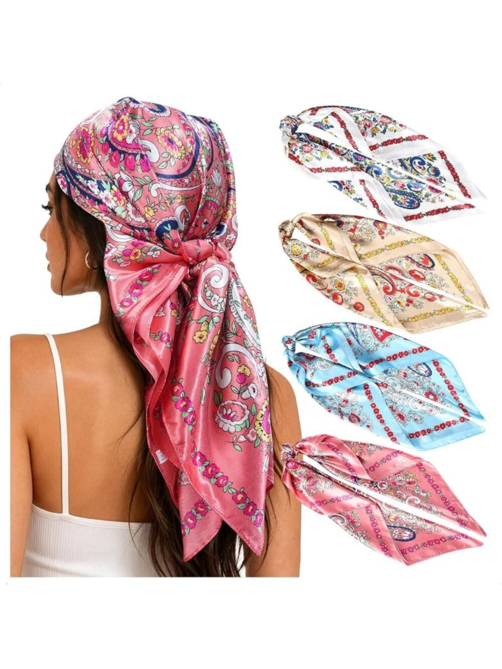 4-Pack 35" Satin Hair Scarves for Women - Silk-like Bandanas & Head Wraps
